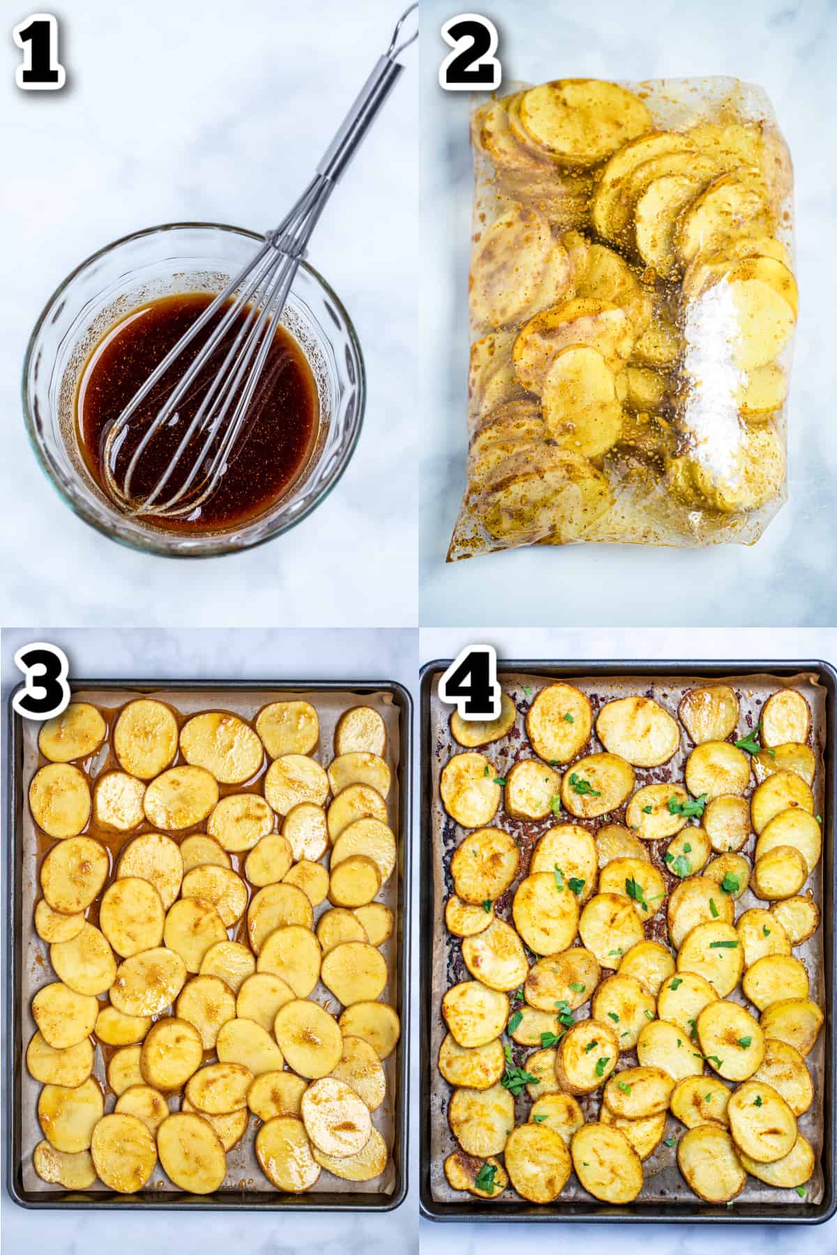 Step by step photos for how to make baked potato slices.