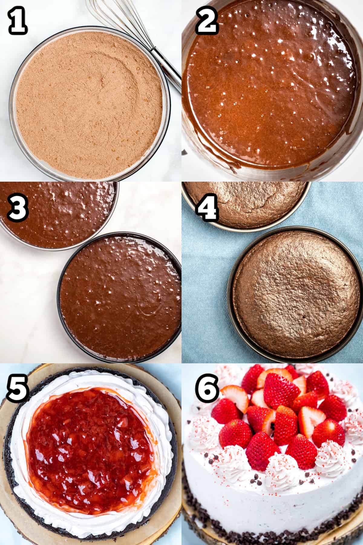 Step by step photos for how to make strawberry chocolate cake.