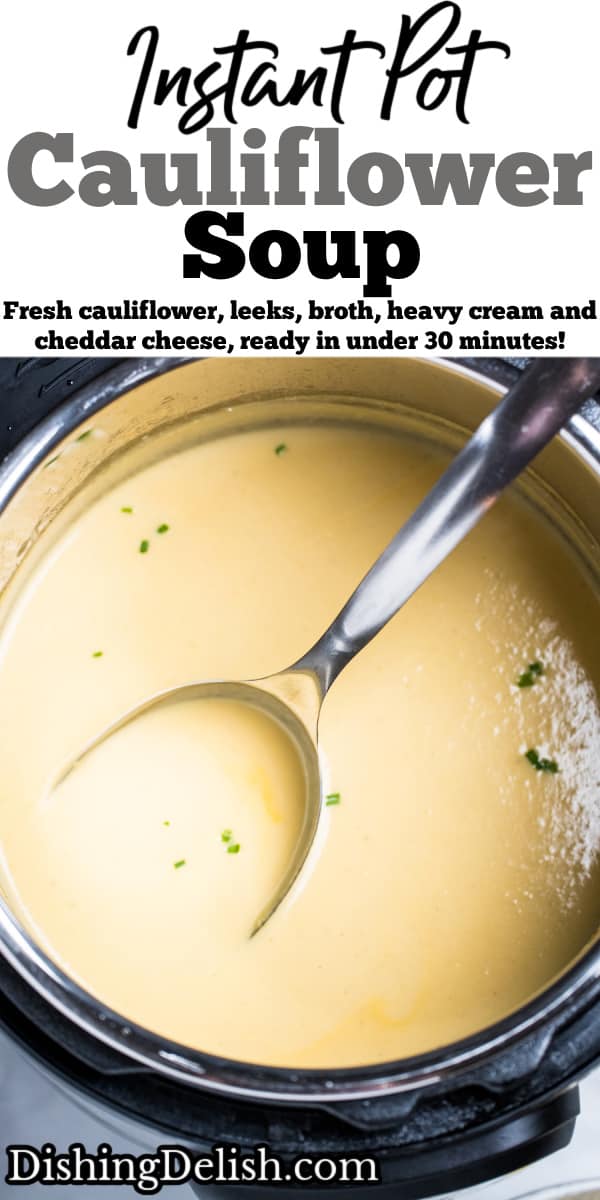 An instant pot with cauliflower soup topped with fresh chives and a ladle resting in the soup.