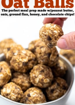 A pinterest pin with a hand taking a peanut butter oat ball from a bowl on a table.