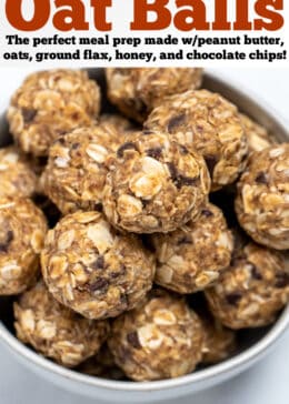 A pinterest pin with a bowl of peanut butter oat balls on a table.