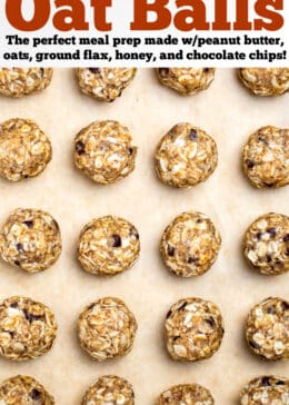 A pinterest pin with peanut butter oat balls in rows on a sheet of parchment paper.