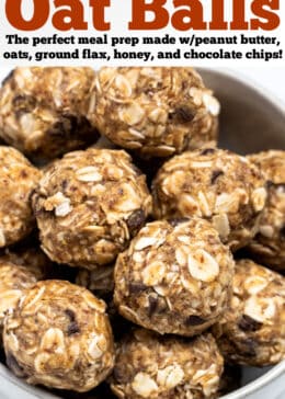 A pinterest pin with a bowl full of peanut butter oat balls on a table.