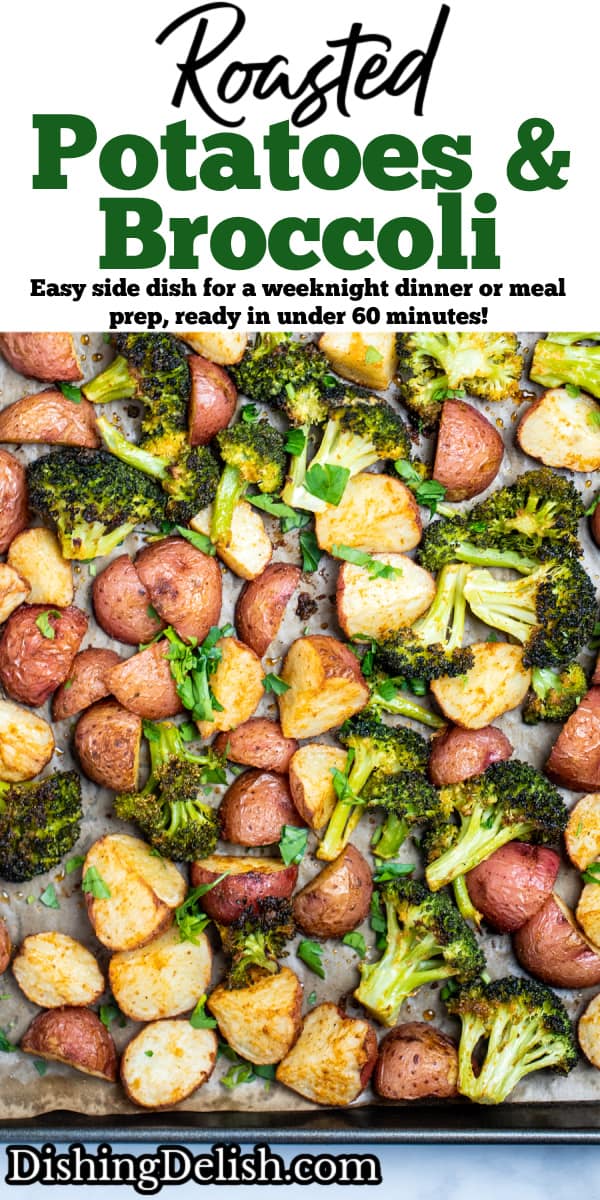 Pinterest pin with roasted potatoes and broccoli on a sheet pan with parchment paper.