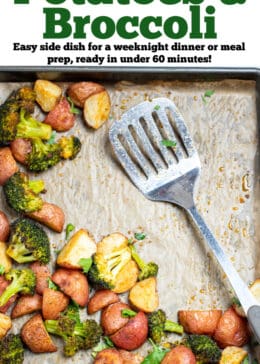 Pinterest pin with roasted potatoes and broccoli on a sheet pan with parchment paper.