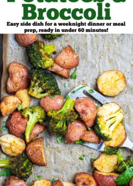 Pinterest pin with roasted potatoes and broccoli on a sheet pan with parchment paper.