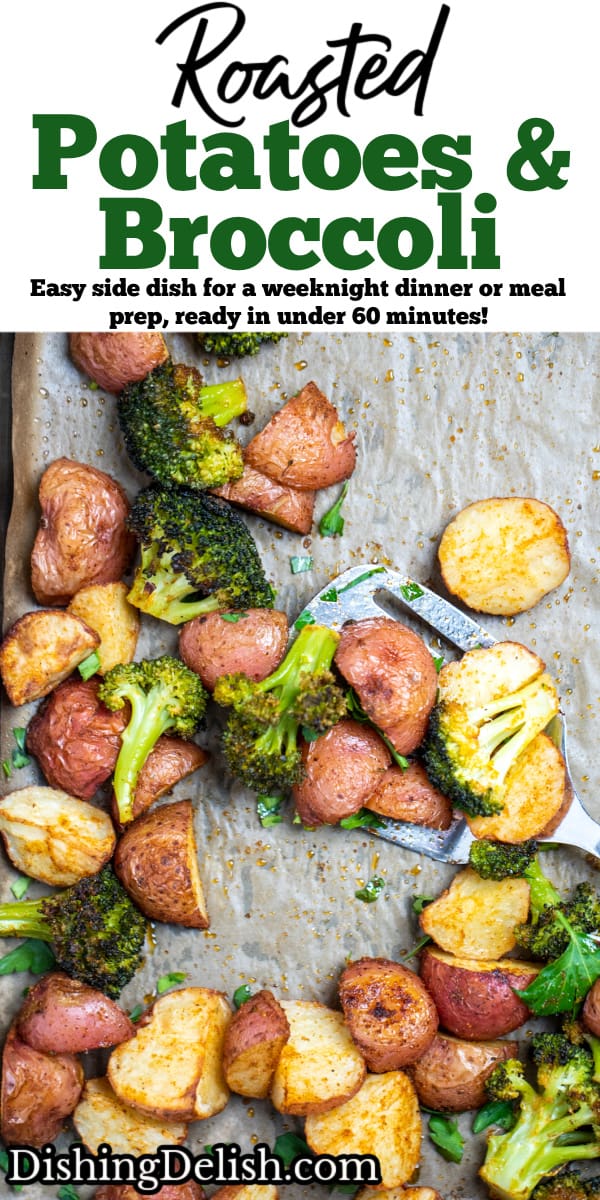 Pinterest pin with roasted potatoes and broccoli on a sheet pan with parchment paper.