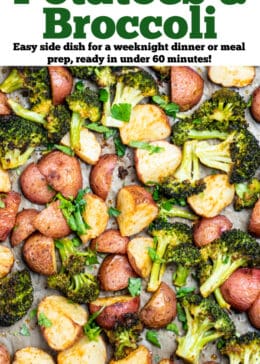 Pinterest pin with roasted potatoes and broccoli on a sheet pan with parchment paper.