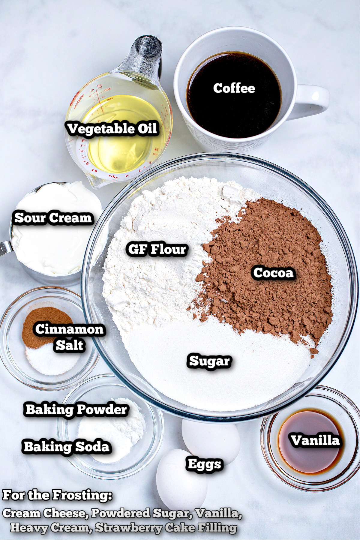 Individual ingredients for strawberry chocolate cake.