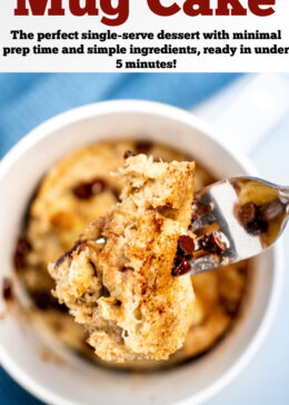 Pinterest pin with a fork lifting a piece of banana mug cake out of the mug with cinnamon and mini chocolate chips on top.