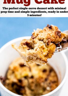 Pinterest pin with a fork lifting a piece of banana mug cake out of a coffee mug topped with cinnamon and mini chocolate chips.