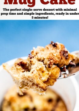 Pinterest pin with a fork lifting banana mug cake out of a mug topped with cinnamon and mini chocolate chips.