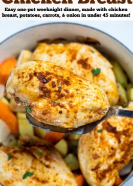 Pinterest pin with chicken breast over potatoes and carrots in a dutch oven, with a spatula lifting one up.