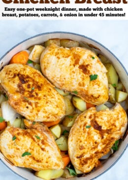 Pinterest pin with chicken breast over potatoes and carrots in a dutch oven.