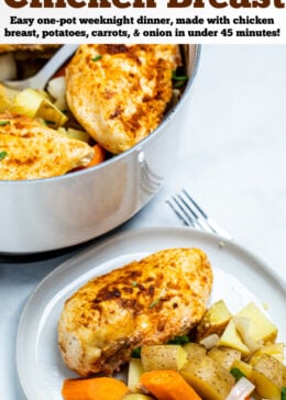 Pinterest pin with a chicken breast on a plate with potatoes and carrots and onions, in front of a dutch oven.