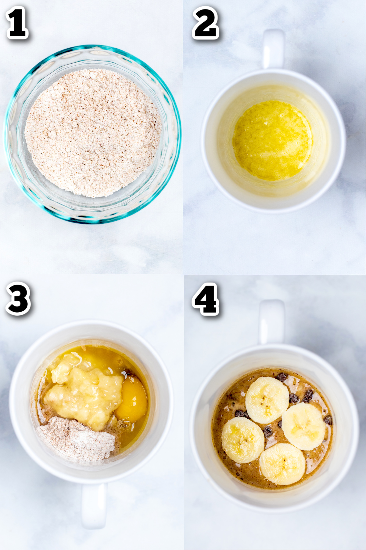 Step by step photos for how to make banana mug cake.