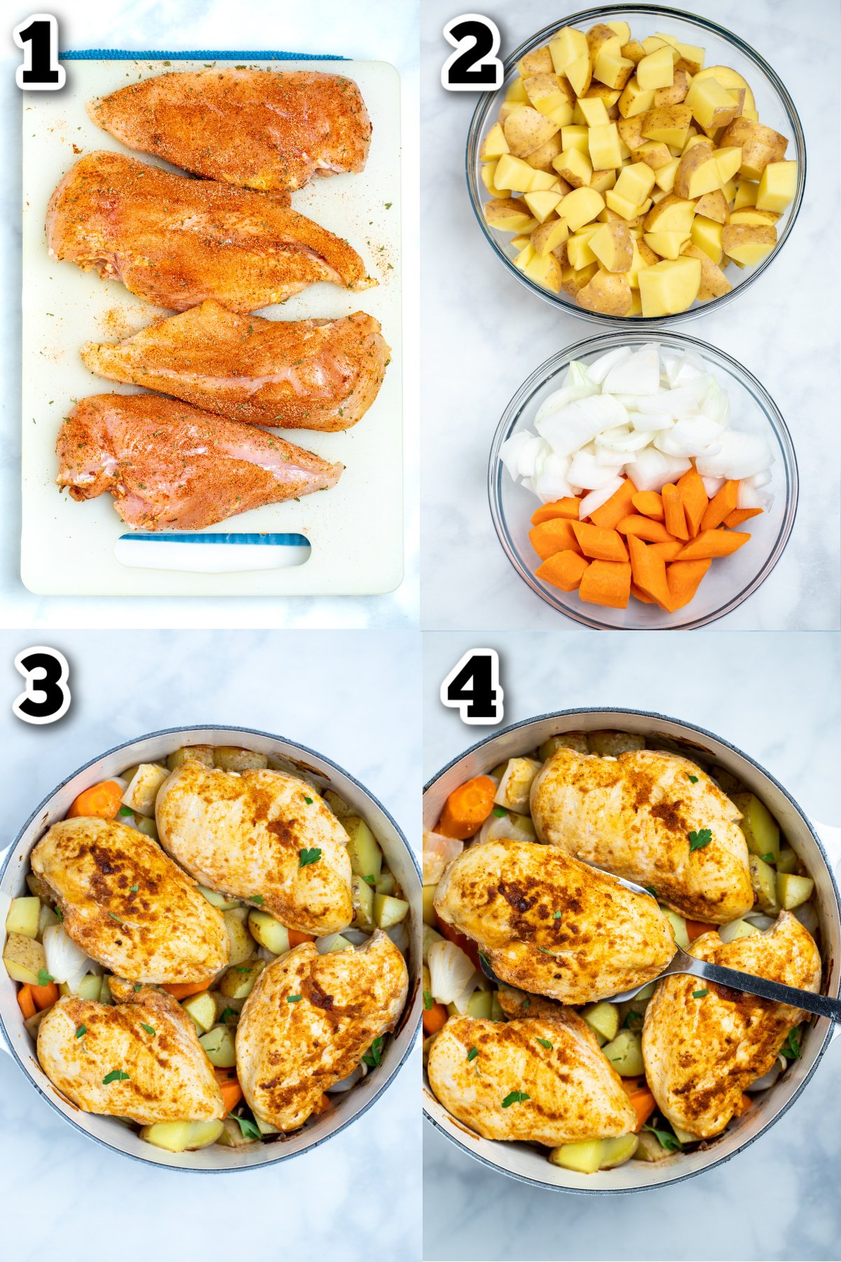 Step by step photos for how to make dutch oven chicken breast.