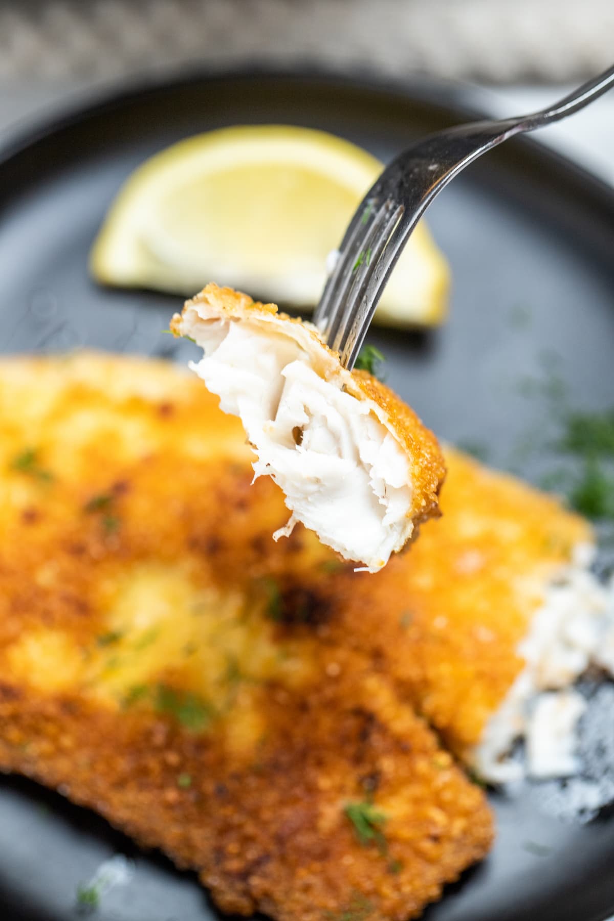A fork holding a piece of tilapia over a plate with a piece of breaded tilapia and a lemon wedge.