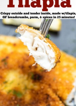 Pinterest pin with a fork holding a piece of tilapia over a plate with breaded tilapia.