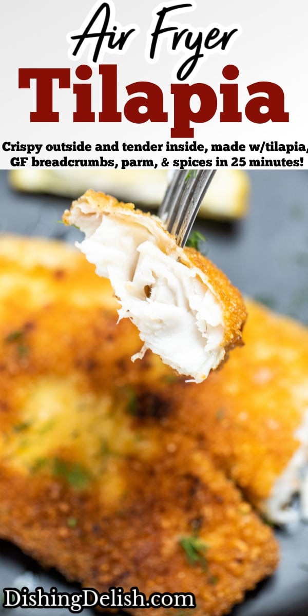 Pinterest pin with a fork holding a piece of tilapia over a plate with breaded tilapia.