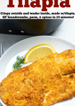 Pinterest pin with a piece of breaded tilapia on a plate next to a lemon wedge.