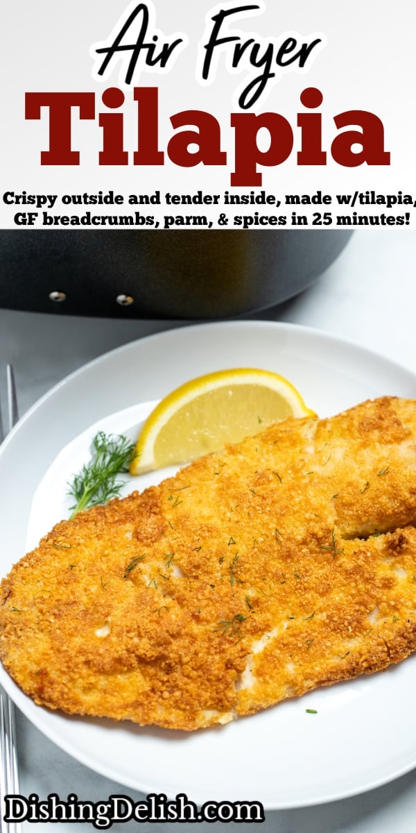 Pinterest pin with a piece of breaded tilapia on a plate next to a lemon wedge.
