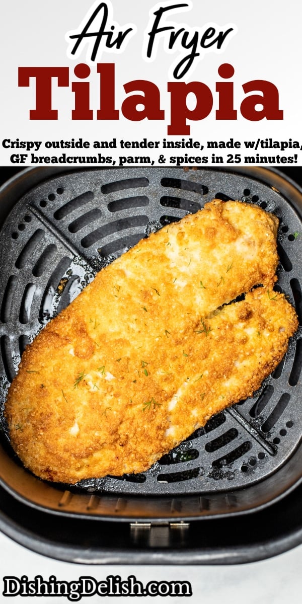A piece of cooked breaded tilapia in an air fryer basket.