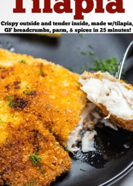 Pinterest pin with breaded tilapia on a plate topped with dill and a fork taking a piece.
