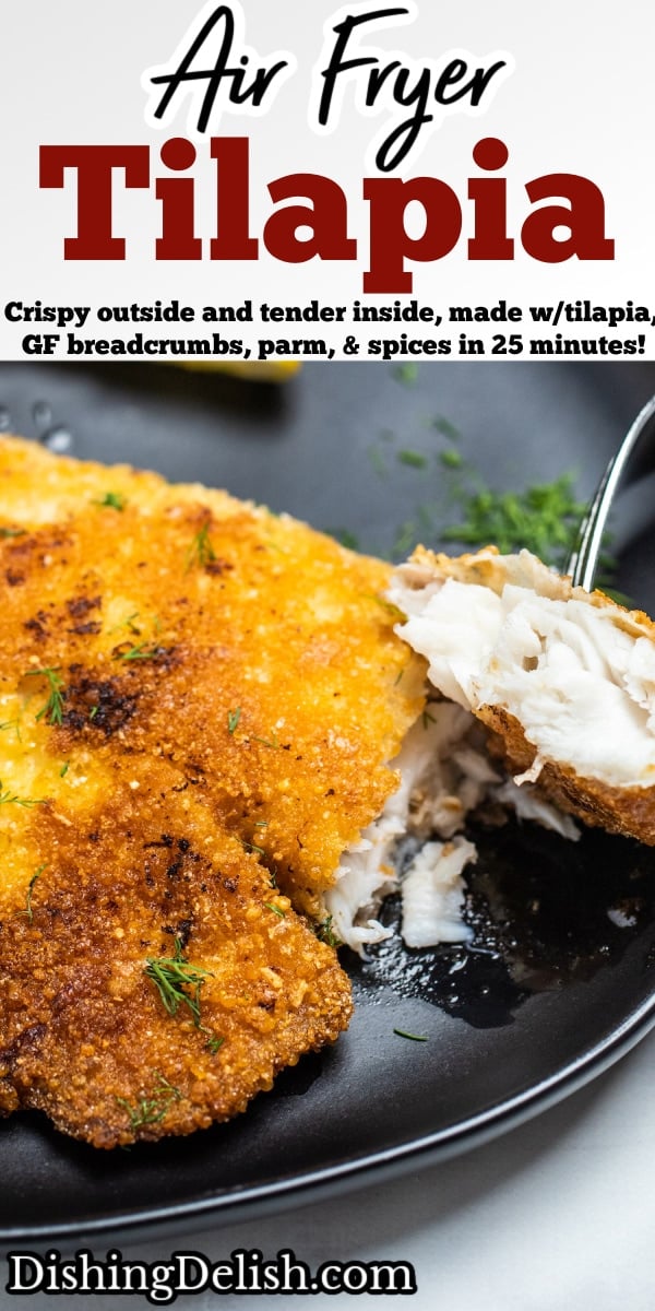 Pinterest pin with breaded tilapia on a plate topped with dill and a fork taking a piece.