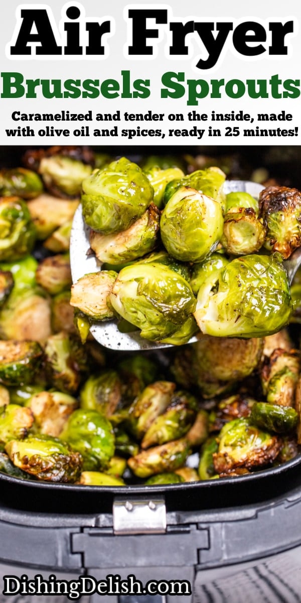 a spatula lifting Brussels sprouts out of an air fryer basket.