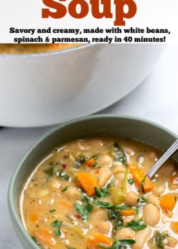 Pinterest pin with a bowl of tuscan soup with a spoon in it in front of a dutch oven.