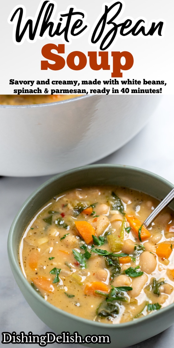 Pinterest pin with a bowl of tuscan soup with a spoon in it in front of a dutch oven.