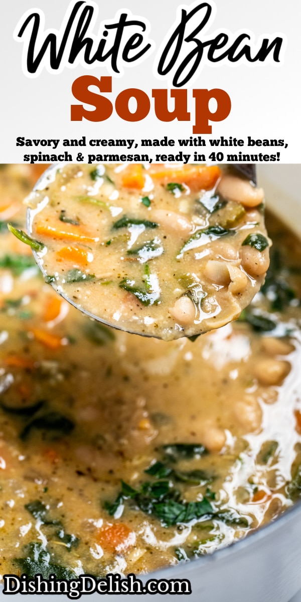 Pinterest pin with a ladle lifting white bean soup out of a pot.