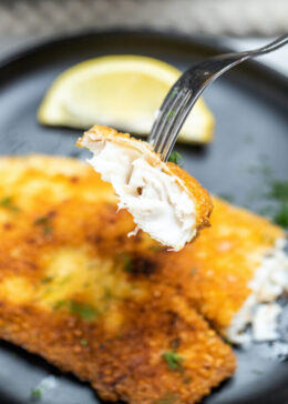 A fork holding a piece of tilapia over a plate with a piece of breaded tilapia and a lemon wedge.