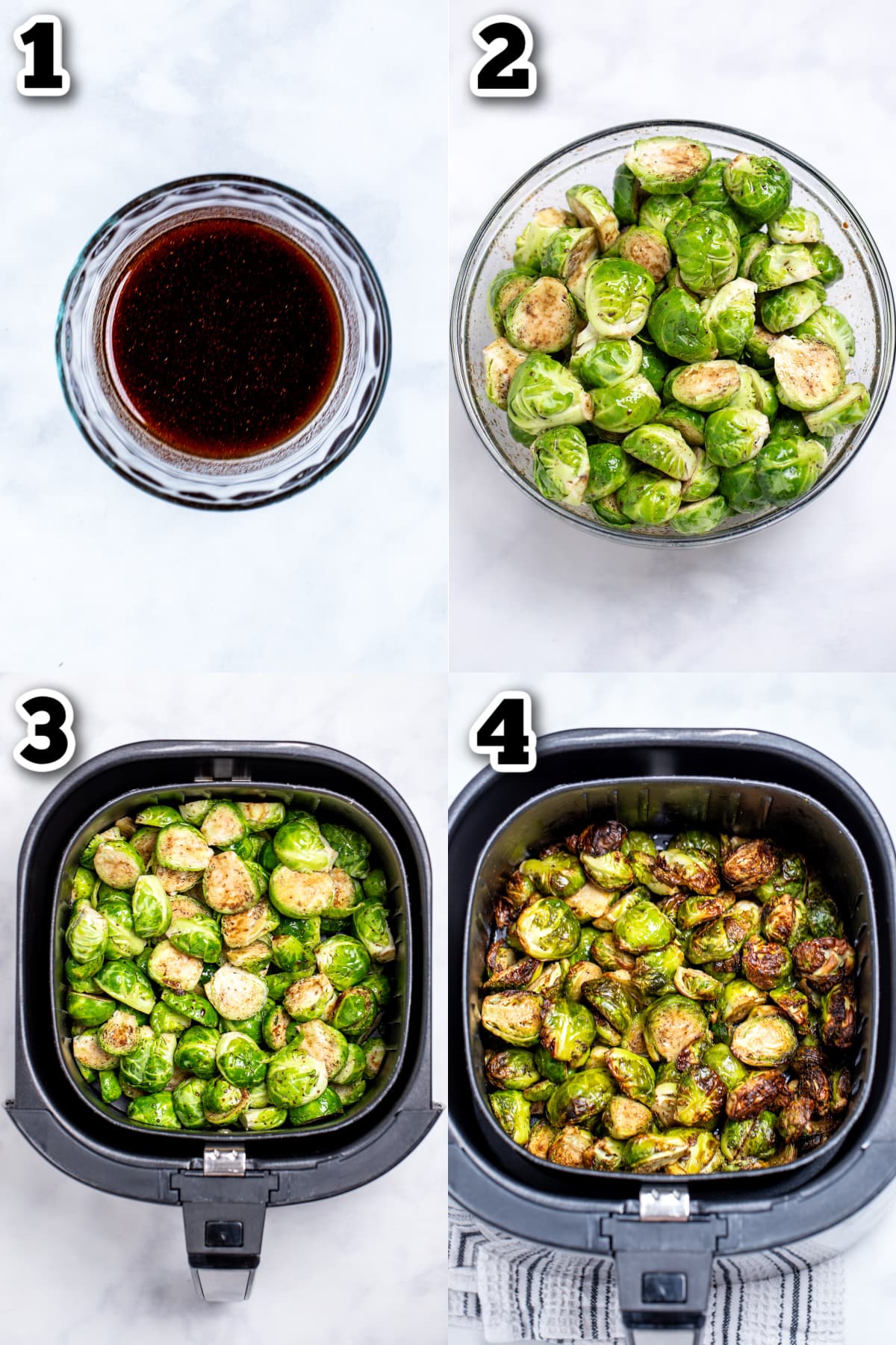 Step by step photos for how to make air fryer Brussels sprouts.