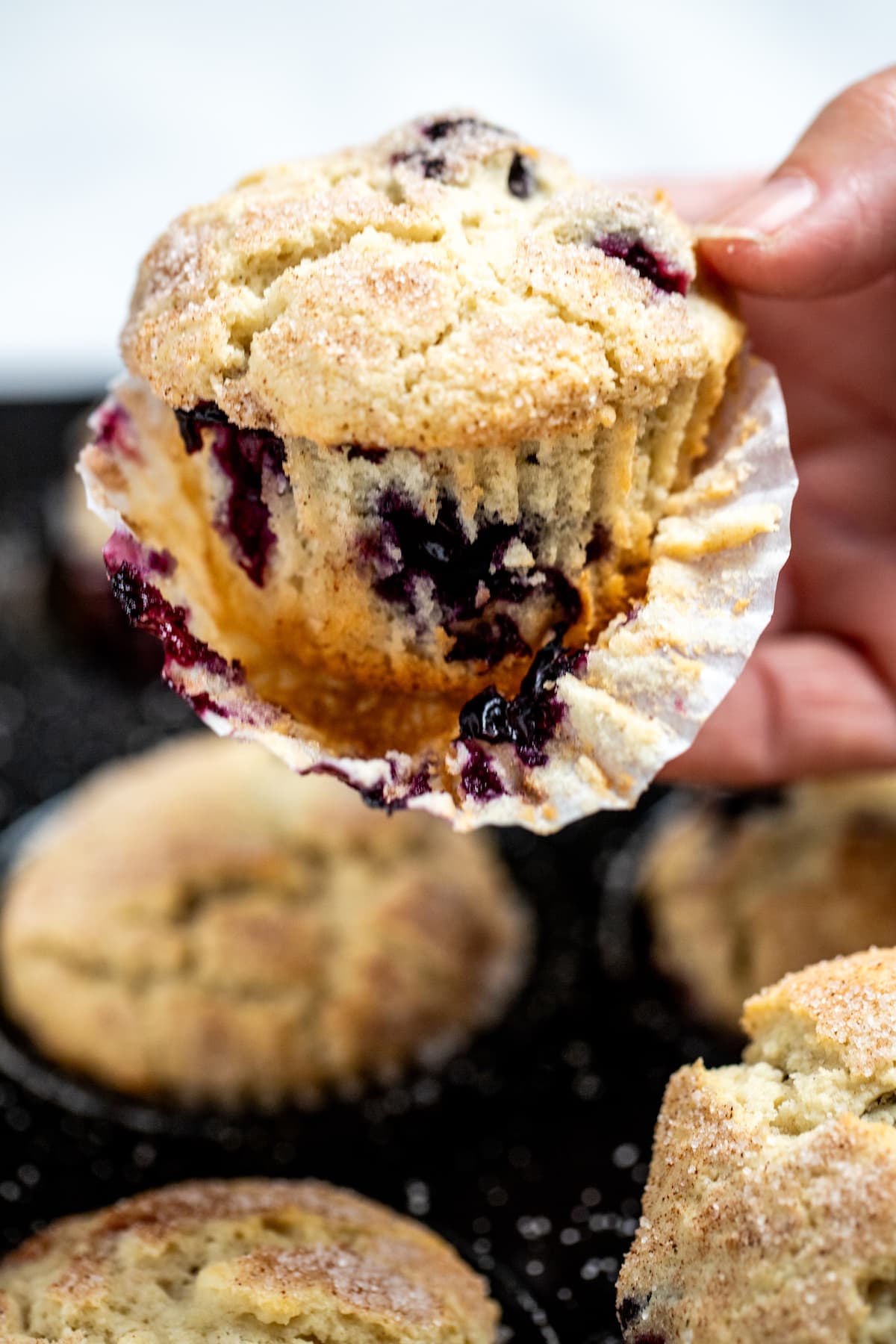 A hand holding a gluten free blueberry muffin above the tray of muffins, with half of the paper liner taken off.