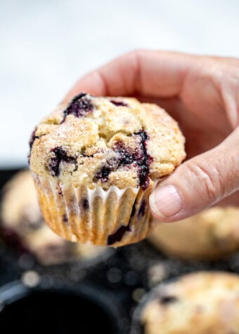 A hand holding a gluten free blueberry muffin above the tray of muffins.