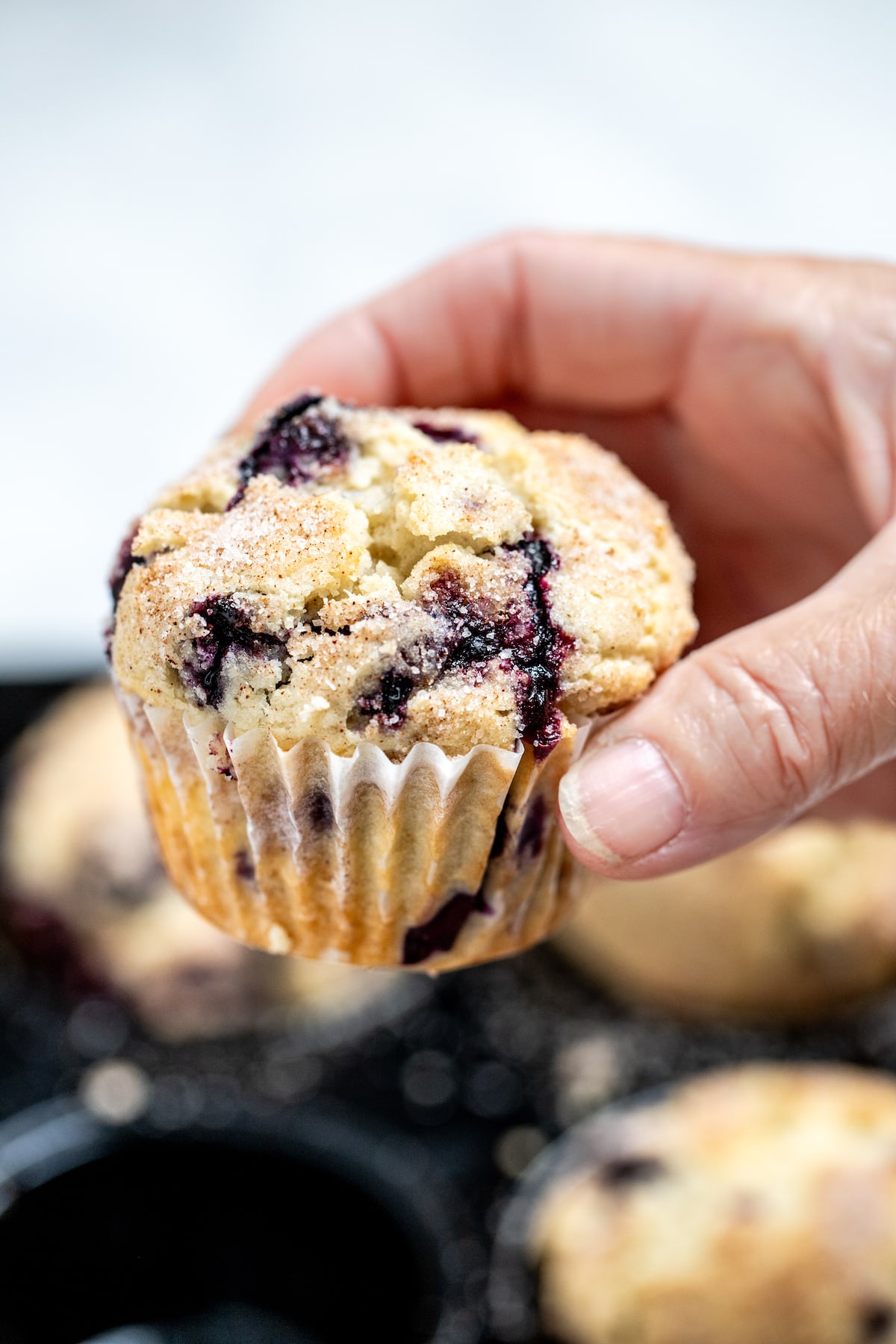 A hand holding a gluten free blueberry muffin above the tray of muffins.
