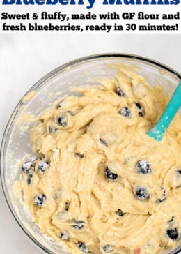 Pinterest pin with a glass mixing bowl with blueberry muffin batter mixed together with a rubber spatula.