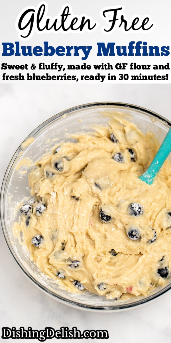 Pinterest pin with a glass mixing bowl with blueberry muffin batter mixed together with a rubber spatula.