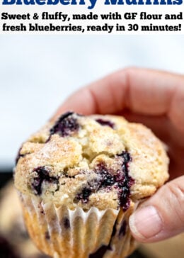 Pinterest pin with a hand holding a gluten free blueberry muffin above the tray of muffins.