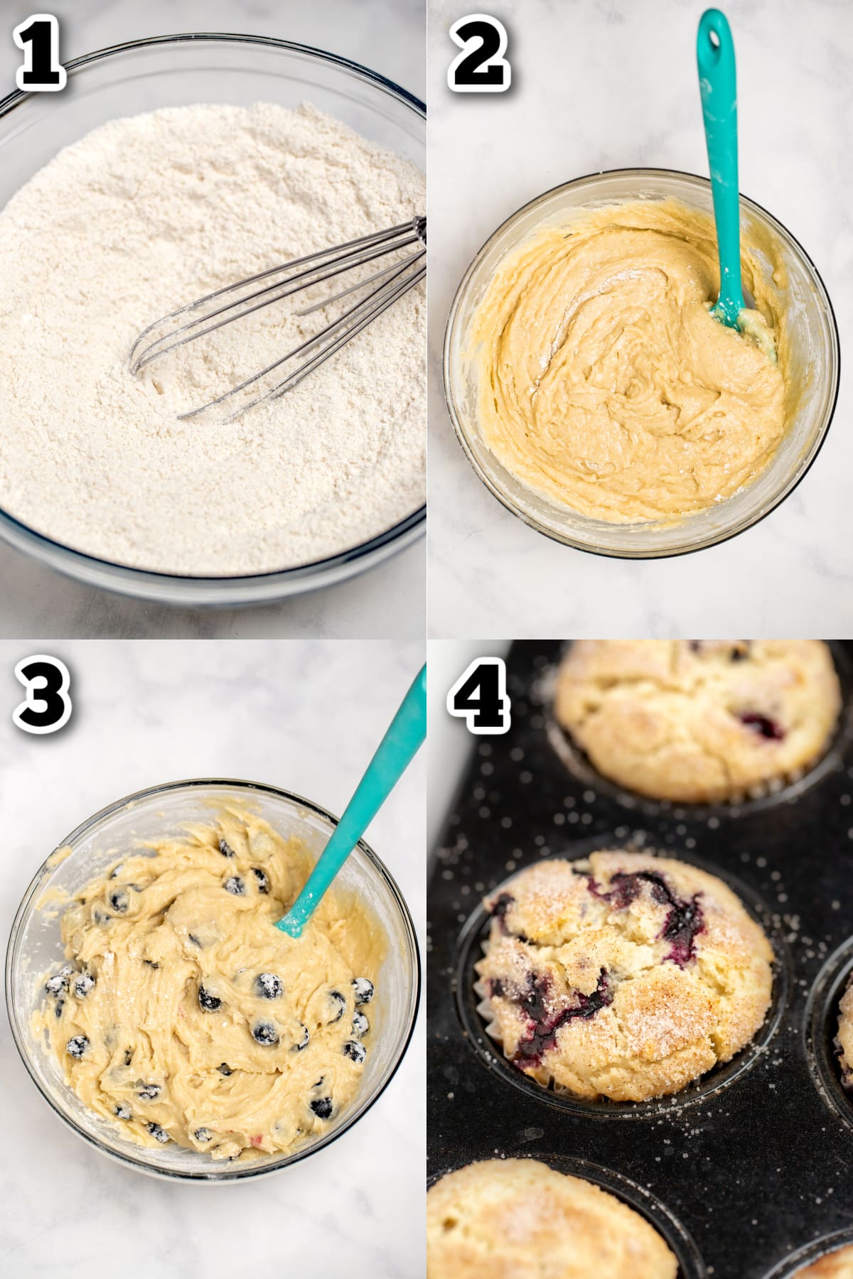 Step by step photos for how to make gluten free blueberry muffins.