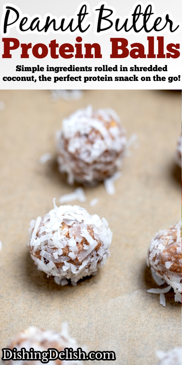 Pinterest pin with peanut butter protein balls on parchment paper on a sheet pan.