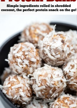 Peanut butter protein balls in a bowl on a table.