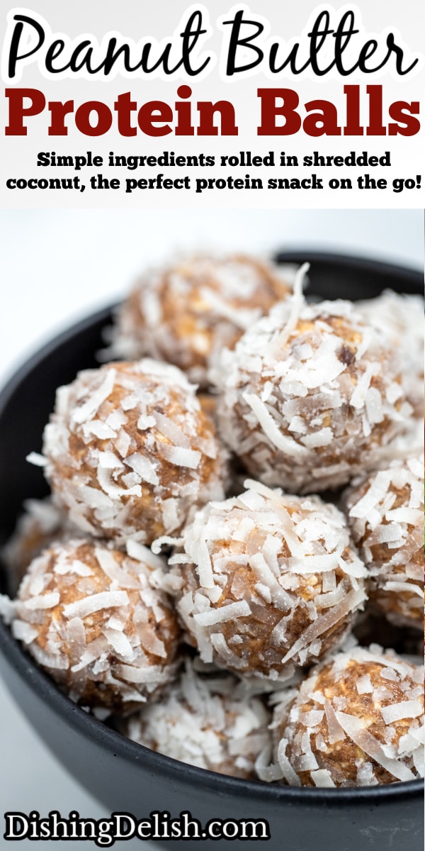 Peanut butter protein balls in a bowl on a table.