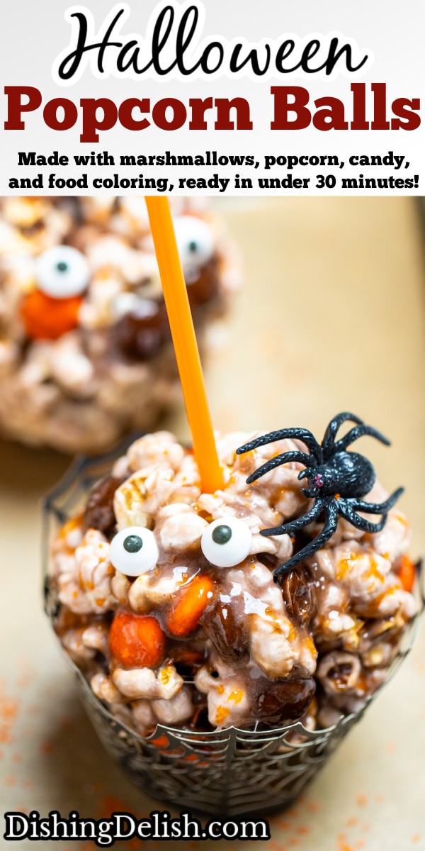 Pinterest pin with a halloween popcorn ball in a cupcake holder that looks like a spider web, with a spider on top of the ball, sitting on a sheet pan.