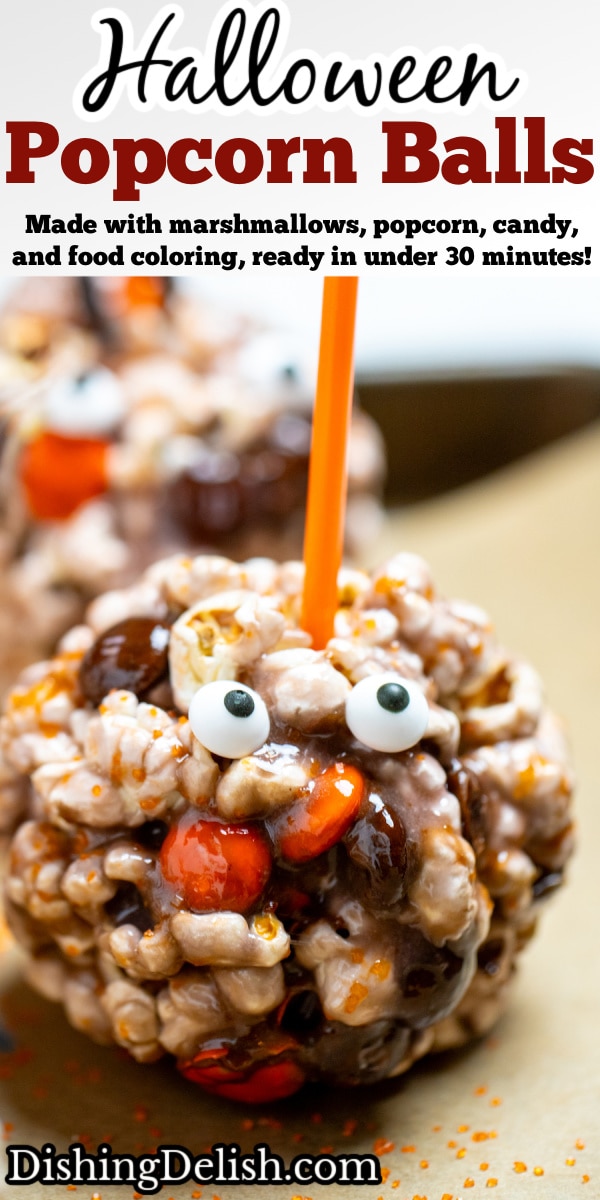 Pinterest pin with Halloween popcorn ball on a sheet pan surrounded by orange sprinkles.