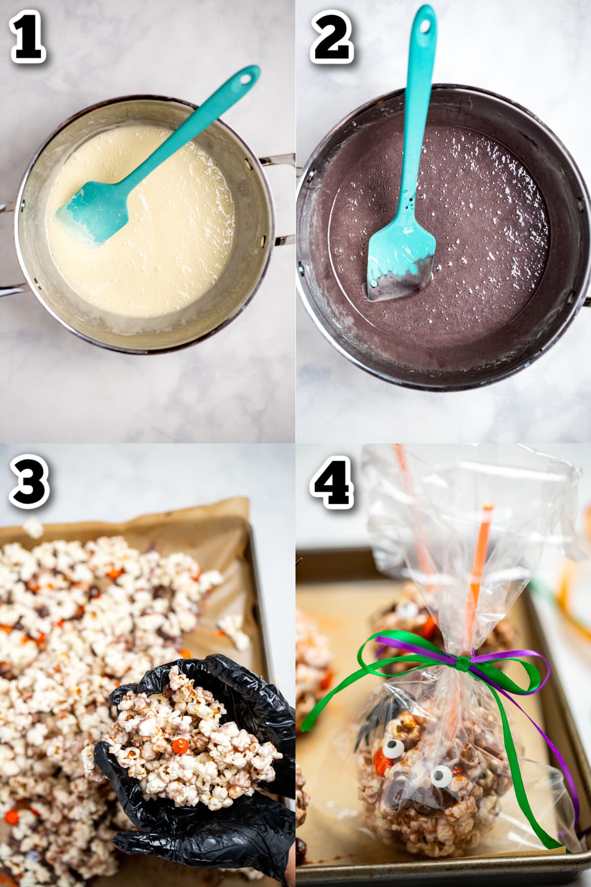 Step by step photos for how to make popcorn balls for halloween.