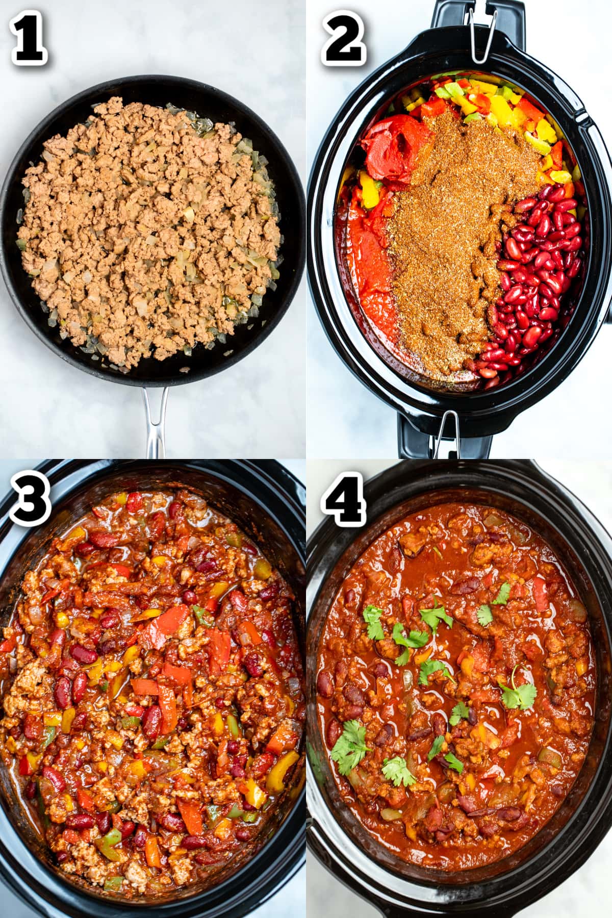 Step by step photos for how to make crockpot turkey chili.