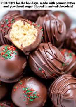 Pinterest pin with chocolate covered peanut butter balls piled on a plate with one cut in half on top, topped with drizzled chocolate and sprinkles on a table.